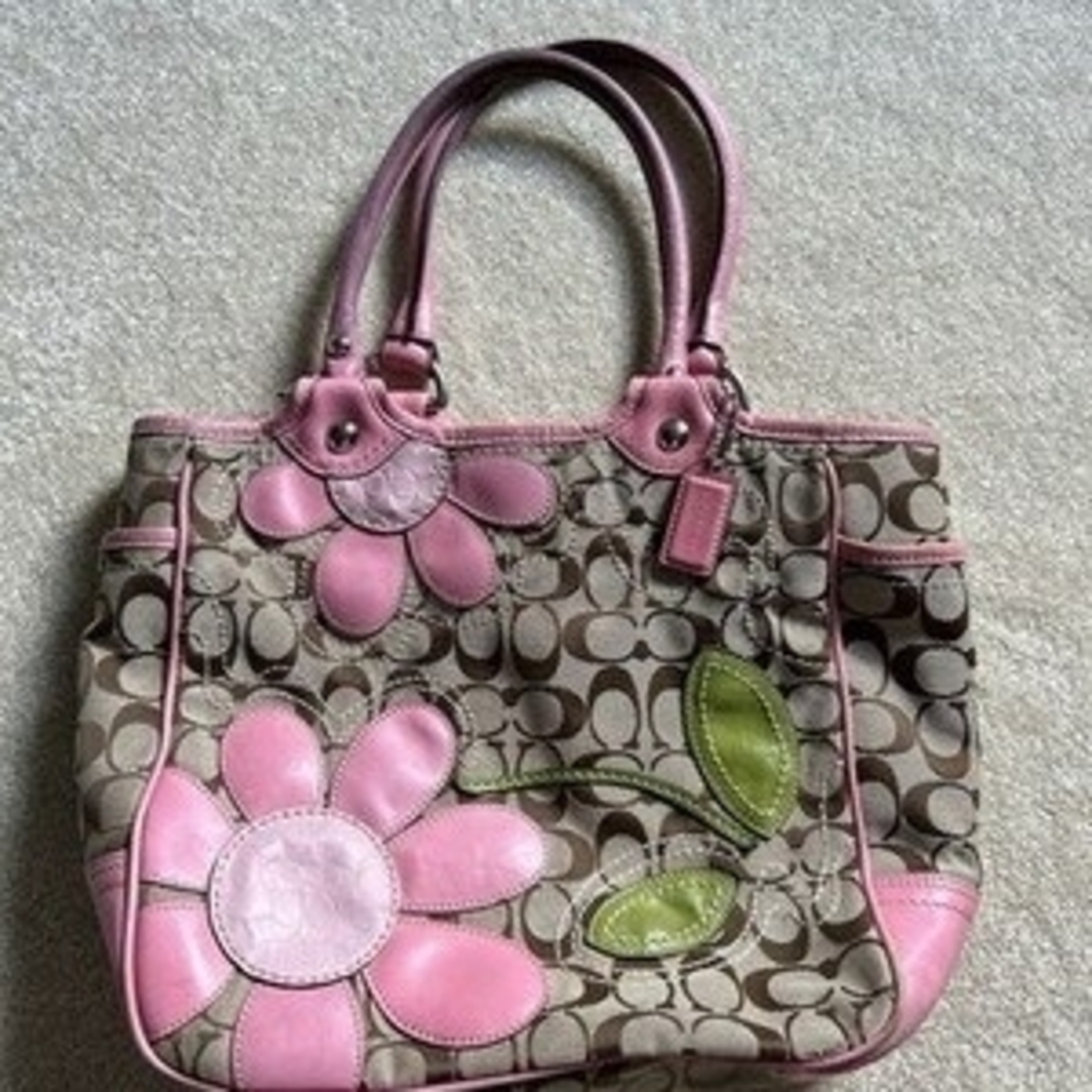 Coach Pink Floral Appliqué Signature Canvas Tote